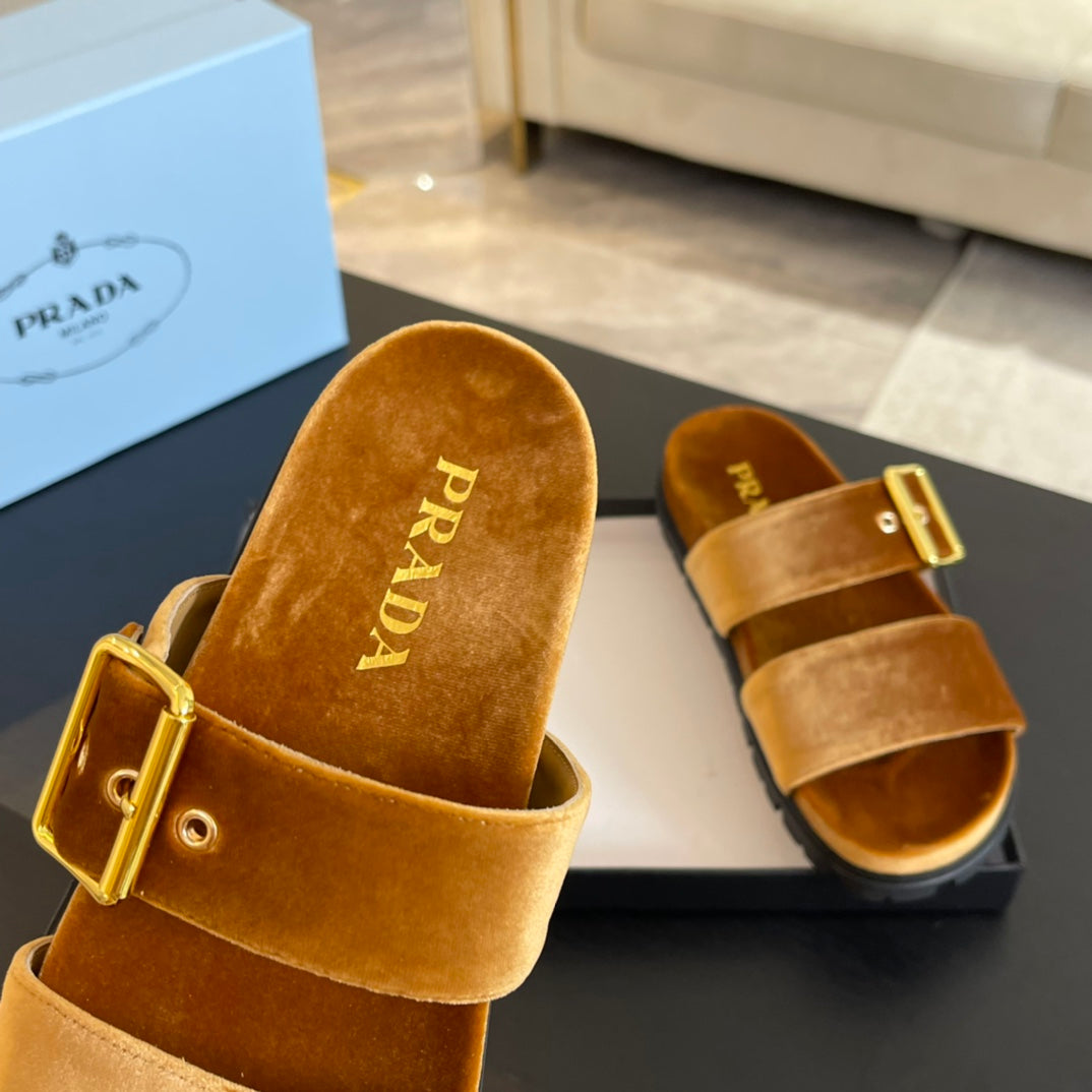 PRADA SLIDES SANLS OCHRE VELVET