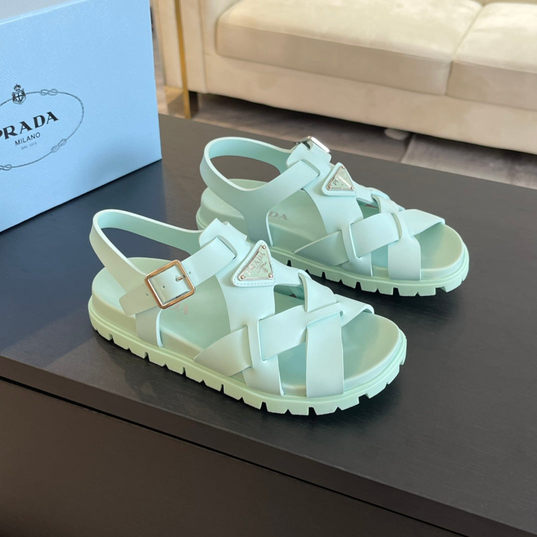 PRADA CRISSCROSS RUBBER SANLS MINT CALFSKIN