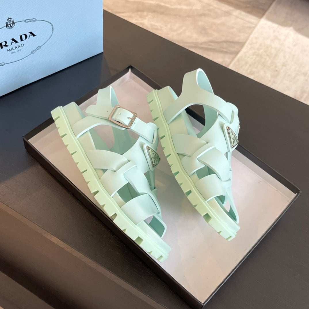 PRADA CRISSCROSS RUBBER SANLS MINT CALFSKIN
