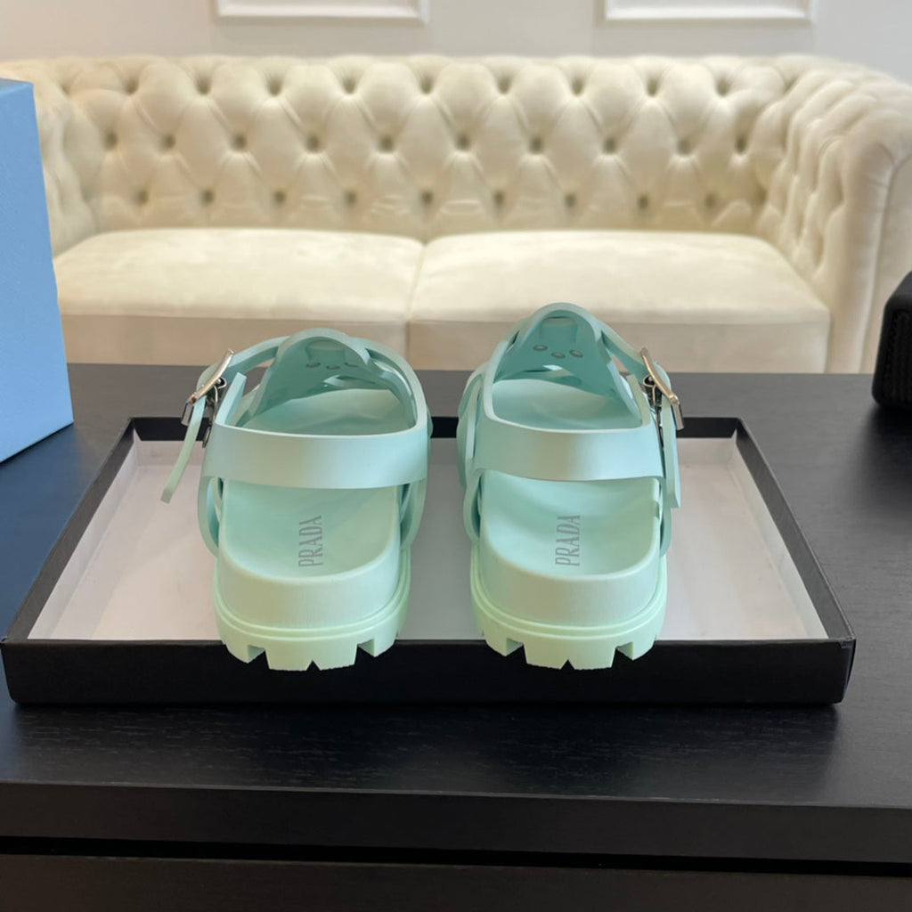 PRADA CRISSCROSS RUBBER SANLS MINT CALFSKIN