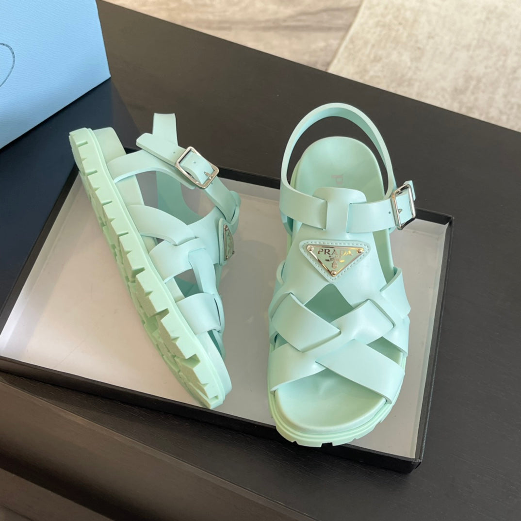 PRADA CRISSCROSS RUBBER SANLS MINT CALFSKIN