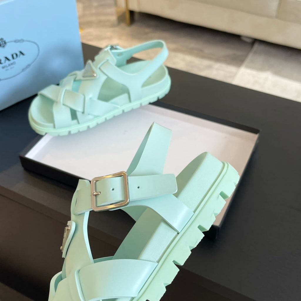 PRADA CRISSCROSS RUBBER SANLS MINT CALFSKIN