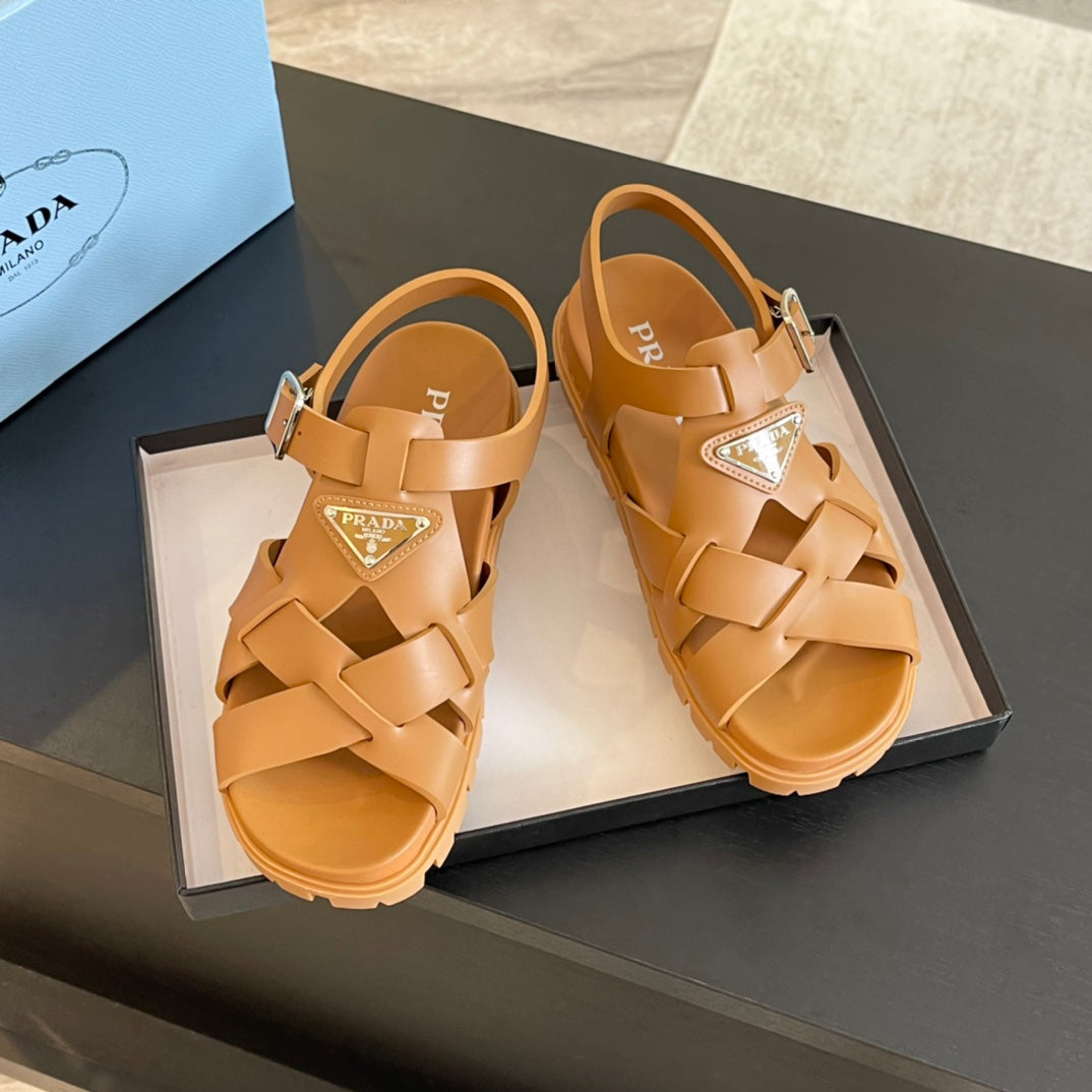 PRADA CRISSCROSS RUBBER SANLS BRONZE CALFSKIN