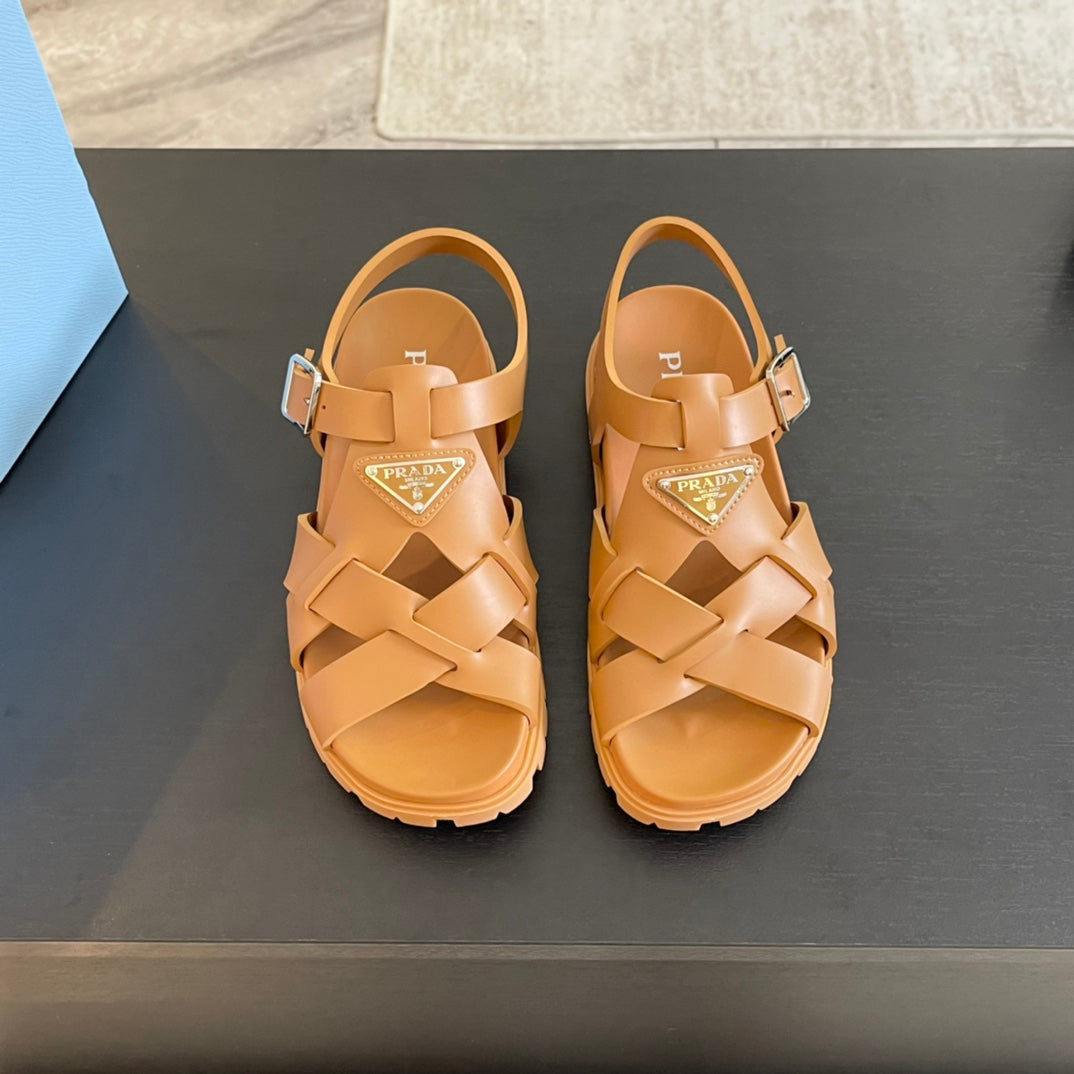 PRADA CRISSCROSS RUBBER SANLS BRONZE CALFSKIN