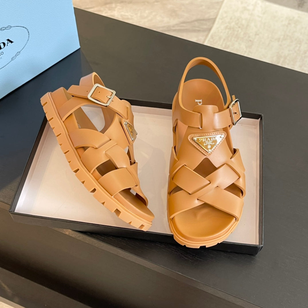 PRADA CRISSCROSS RUBBER SANLS BRONZE CALFSKIN