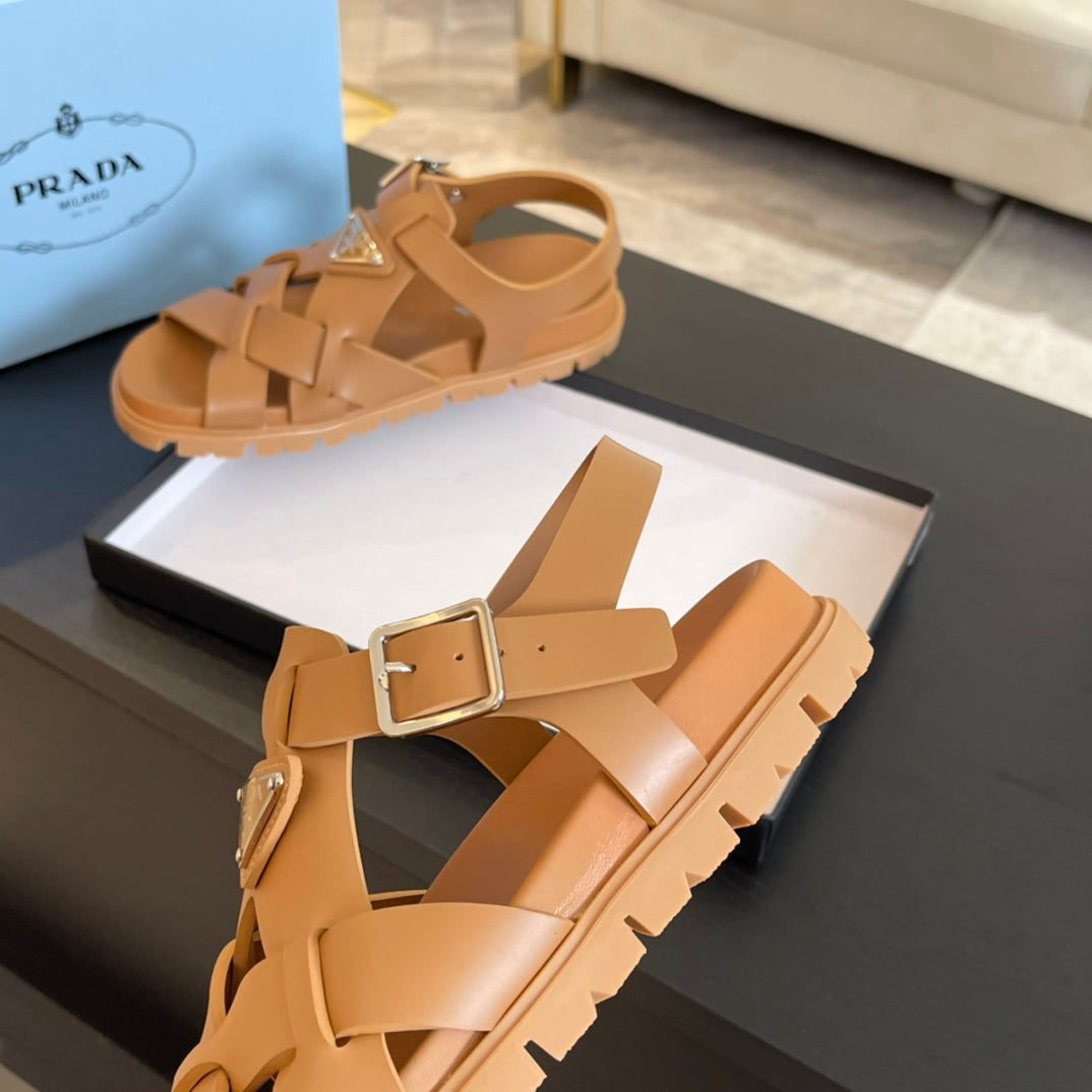 PRADA CRISSCROSS RUBBER SANLS BRONZE CALFSKIN