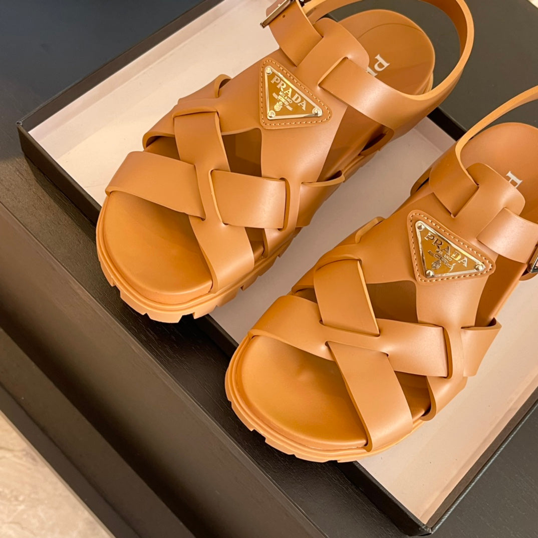 PRADA CRISSCROSS RUBBER SANLS BRONZE CALFSKIN