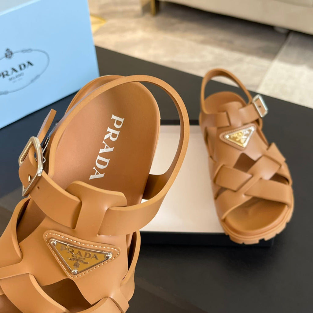 PRADA CRISSCROSS RUBBER SANLS BRONZE CALFSKIN