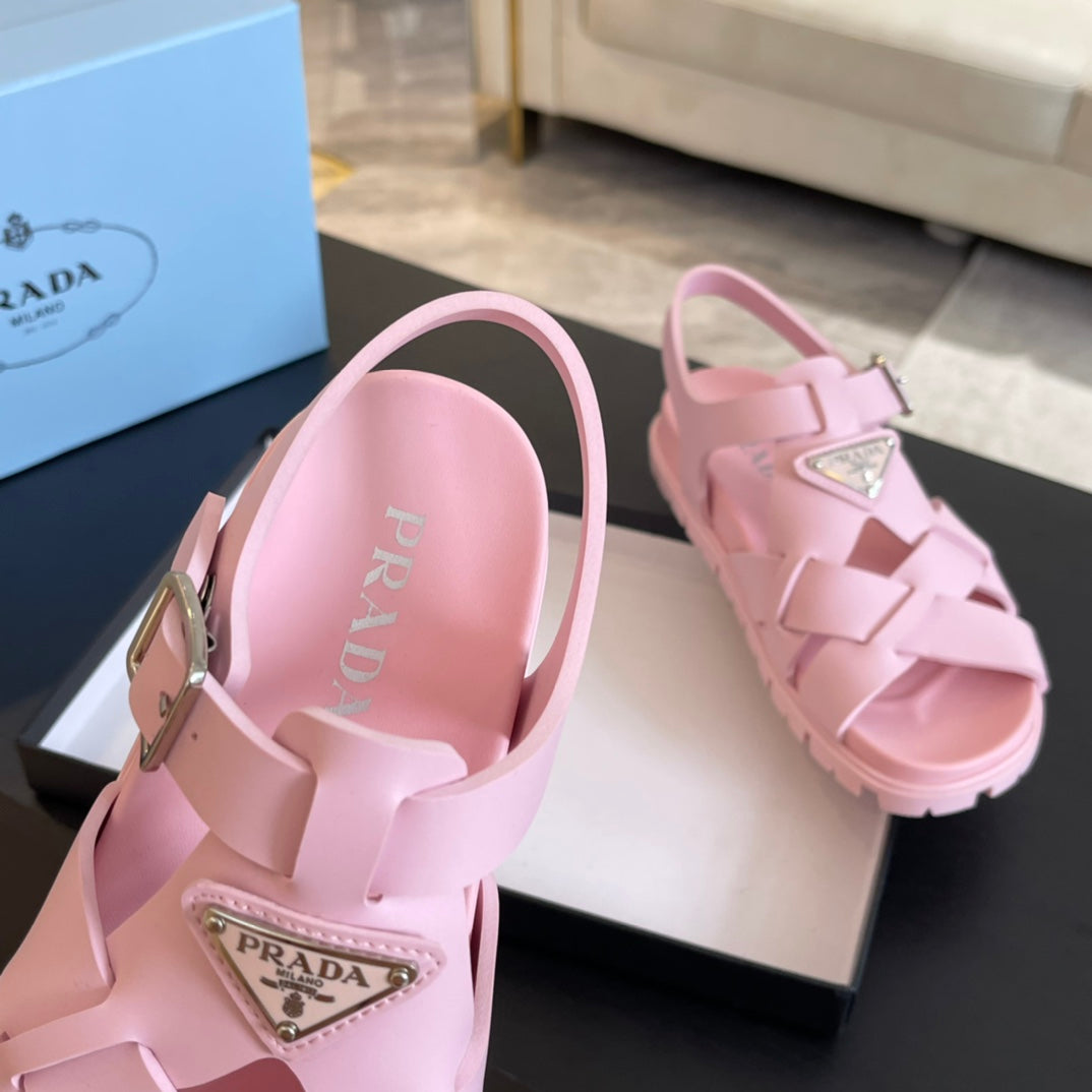 PRADA CRISSCROSS RUBBER SANLS LIGHT PINK CALFSKIN