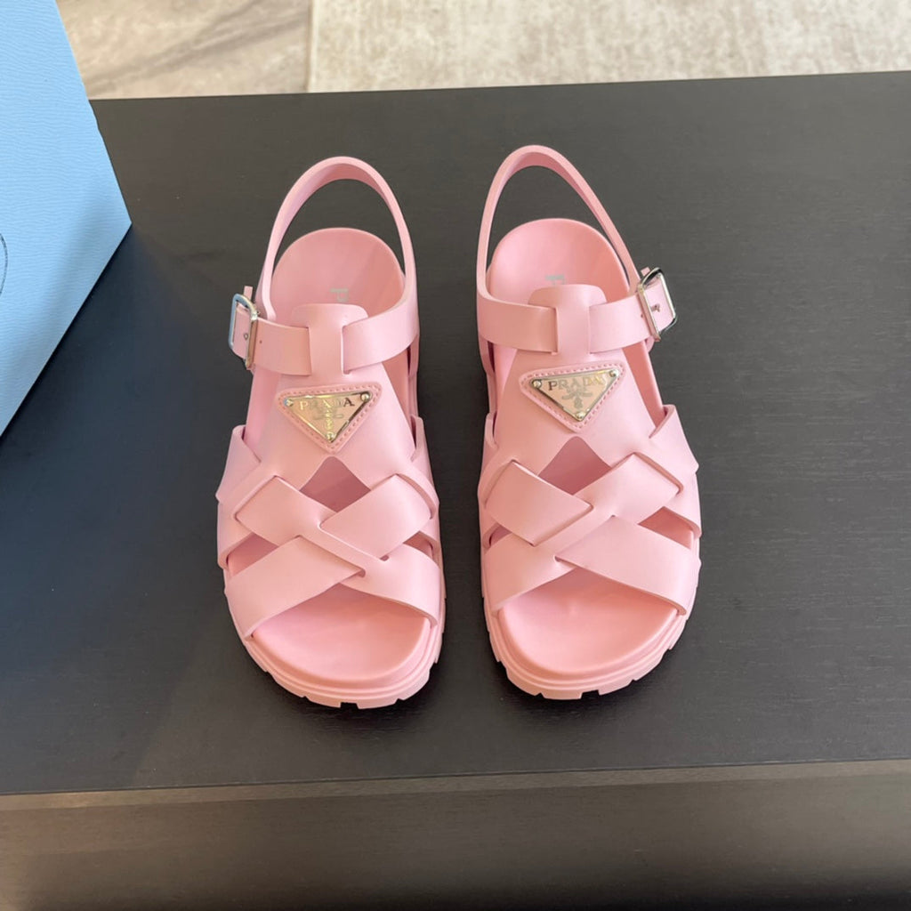 PRADA CRISSCROSS RUBBER SANLS LIGHT PINK CALFSKIN