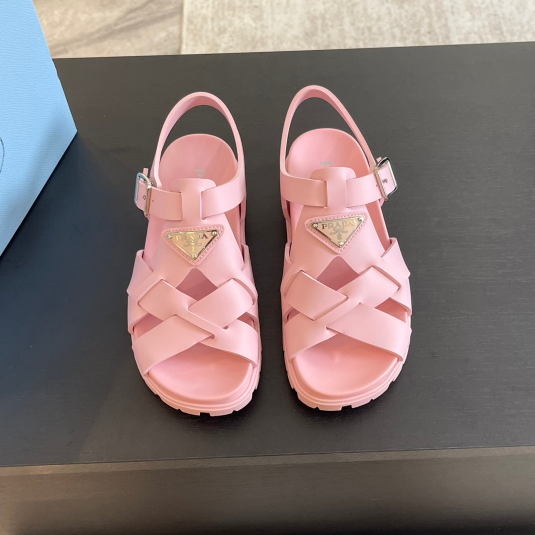 PRADA CRISSCROSS RUBBER SANLS LIGHT PINK CALFSKIN