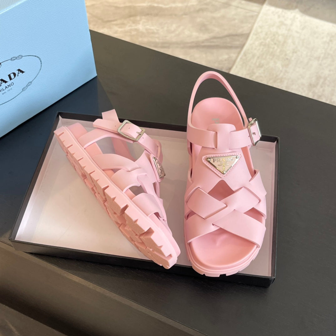 PRADA CRISSCROSS RUBBER SANLS LIGHT PINK CALFSKIN
