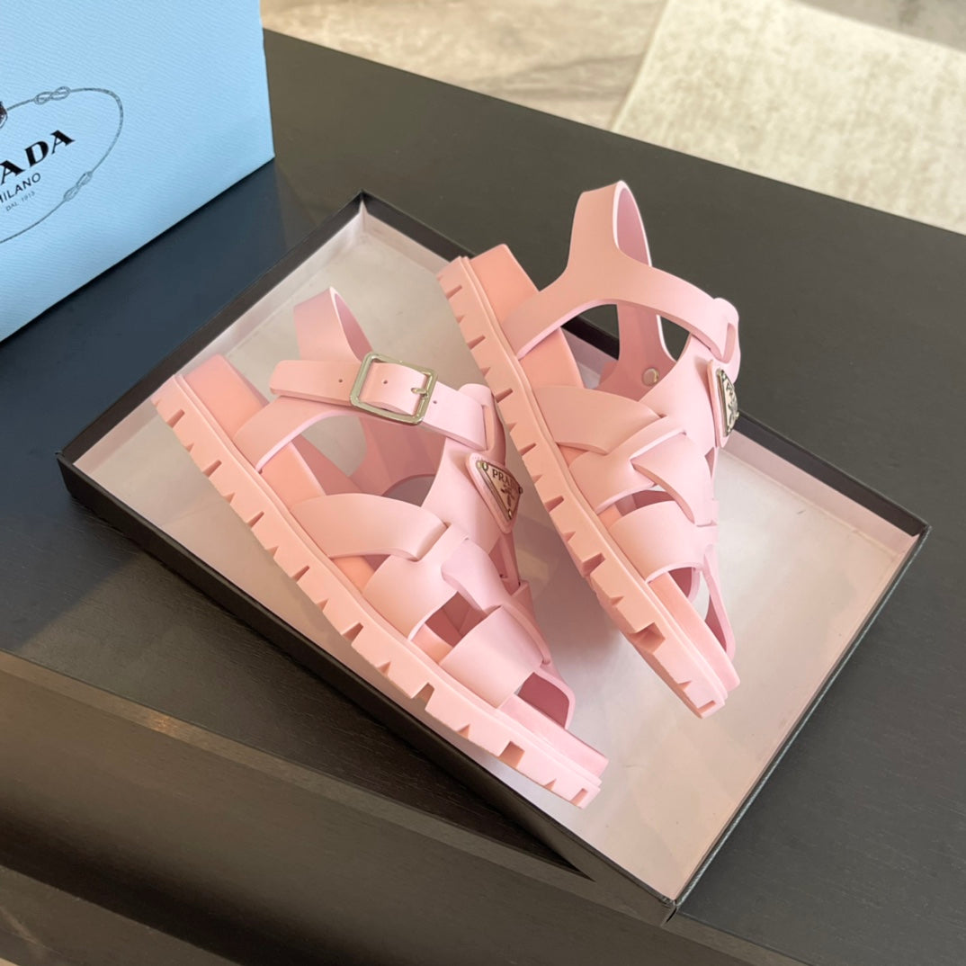 PRADA CRISSCROSS RUBBER SANLS LIGHT PINK CALFSKIN