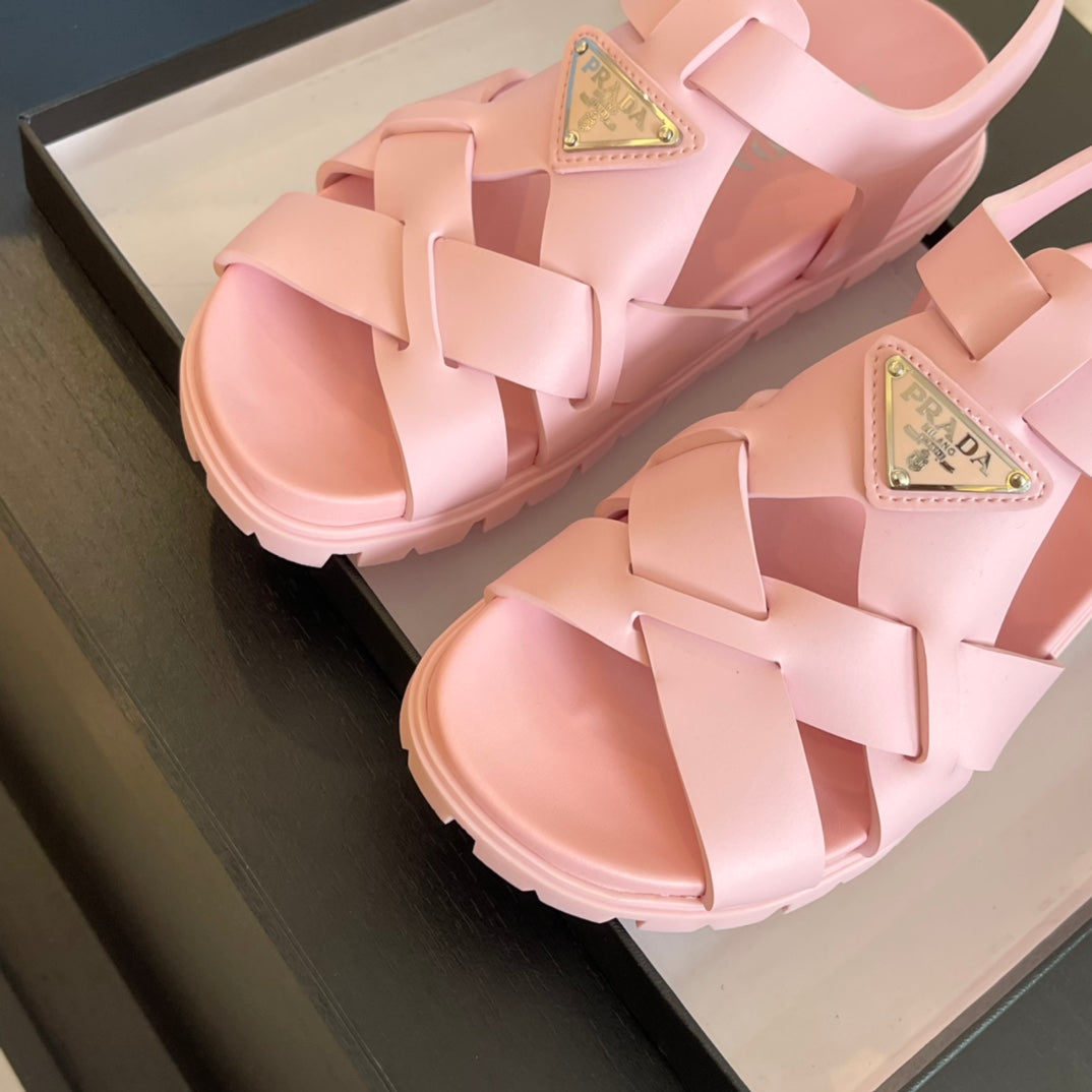 PRADA CRISSCROSS RUBBER SANLS LIGHT PINK CALFSKIN