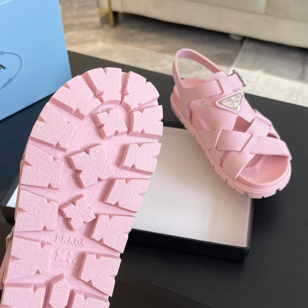 PRADA CRISSCROSS RUBBER SANLS LIGHT PINK CALFSKIN