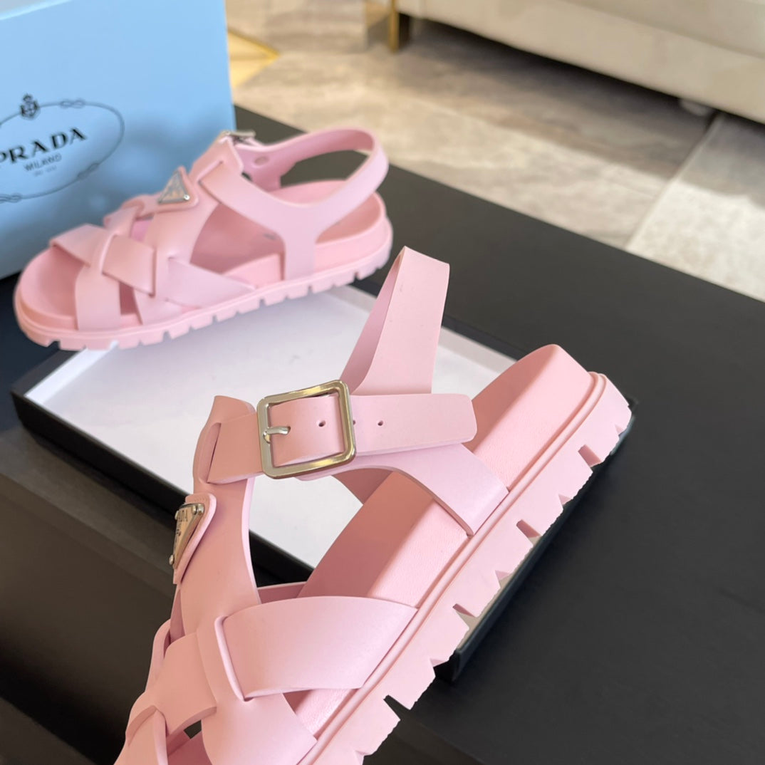 PRADA CRISSCROSS RUBBER SANLS LIGHT PINK CALFSKIN