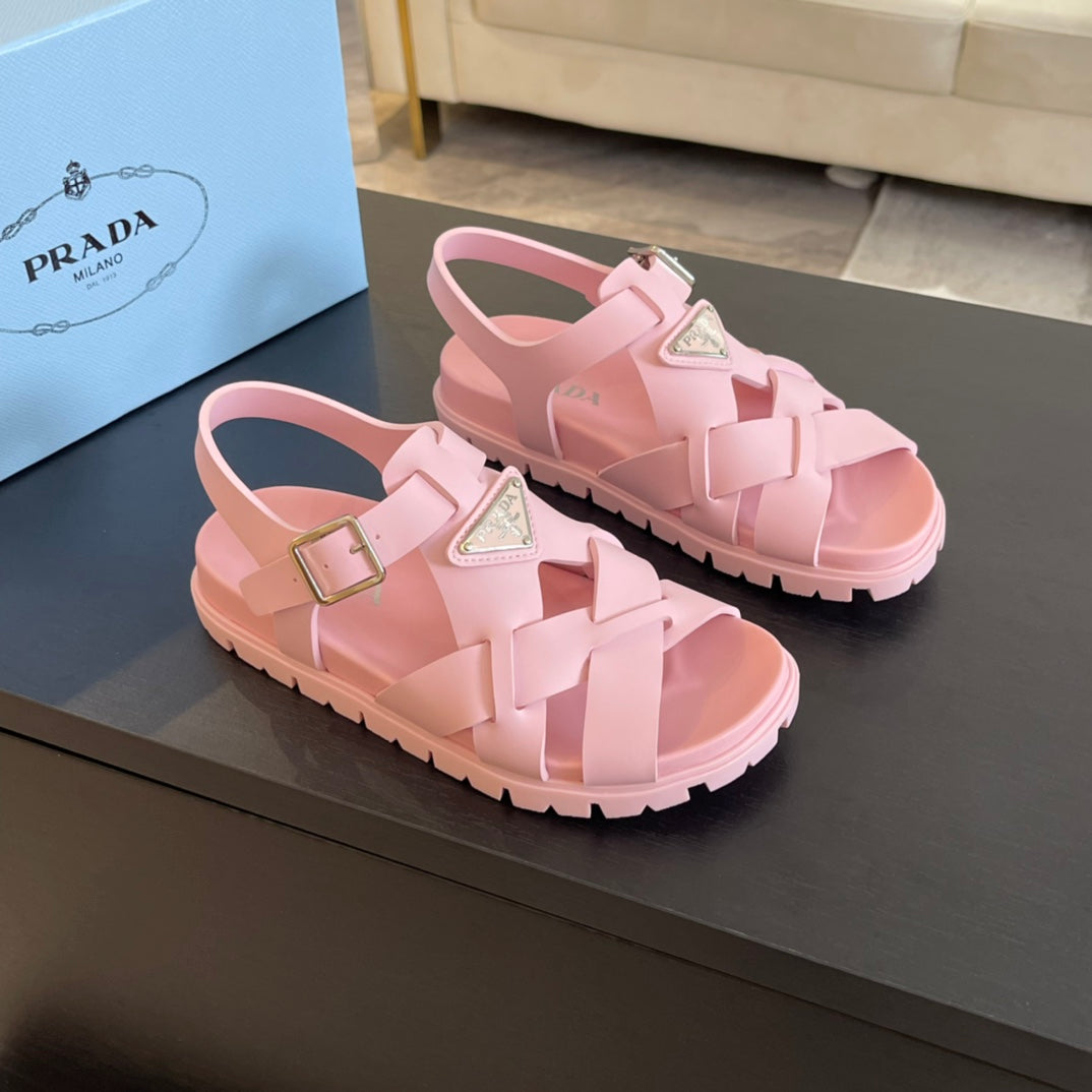 PRADA CRISSCROSS RUBBER SANLS LIGHT PINK CALFSKIN
