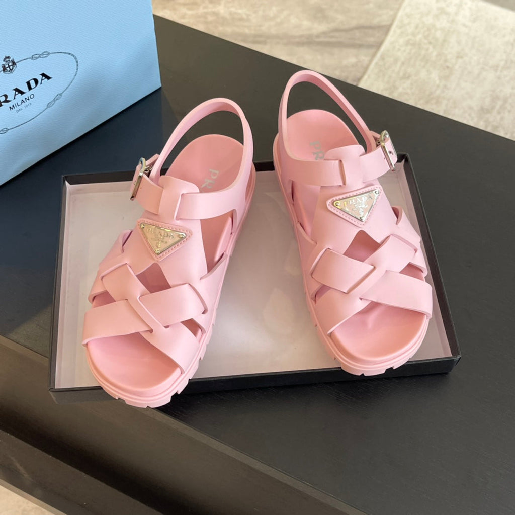 PRADA CRISSCROSS RUBBER SANLS LIGHT PINK CALFSKIN