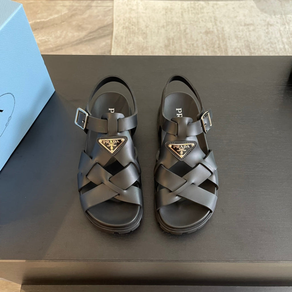 PRADA CRISSCROSS RUBBER SANLS BLACK CALFSKIN