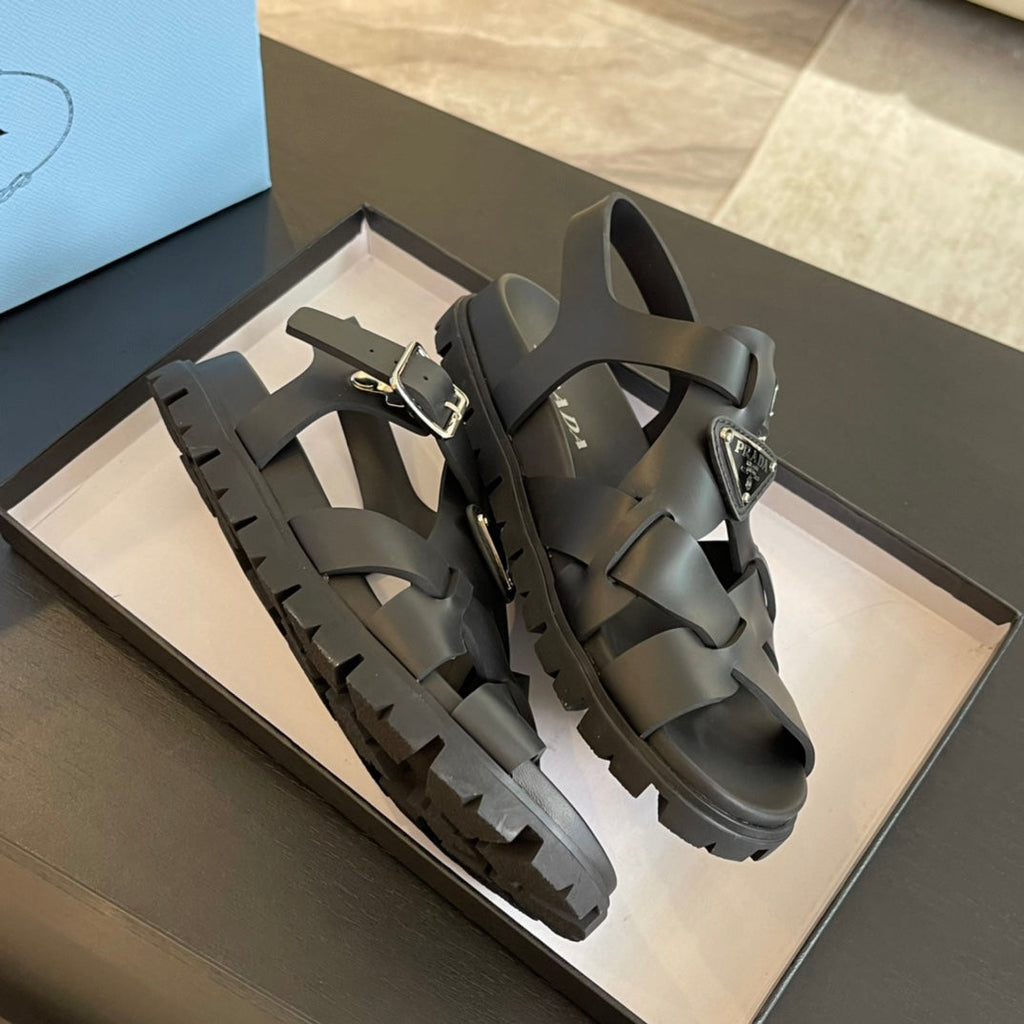 PRADA CRISSCROSS RUBBER SANLS BLACK CALFSKIN