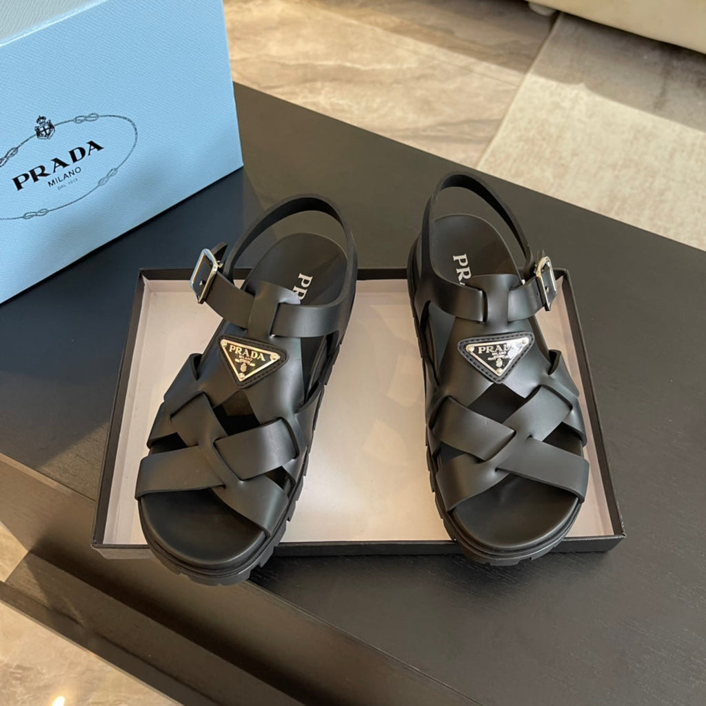 PRADA CRISSCROSS RUBBER SANLS BLACK CALFSKIN