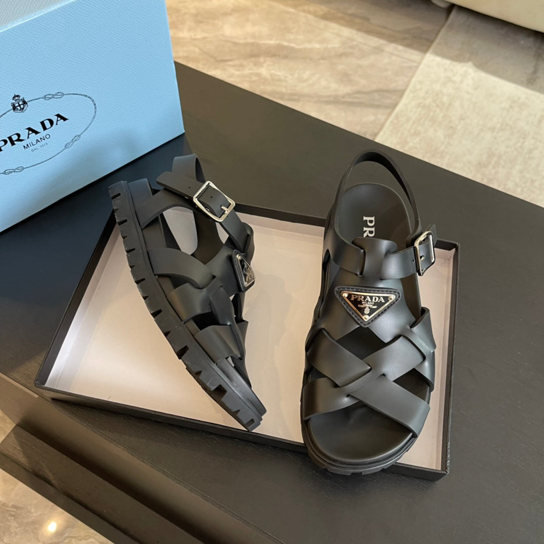 PRADA CRISSCROSS RUBBER SANLS BLACK CALFSKIN