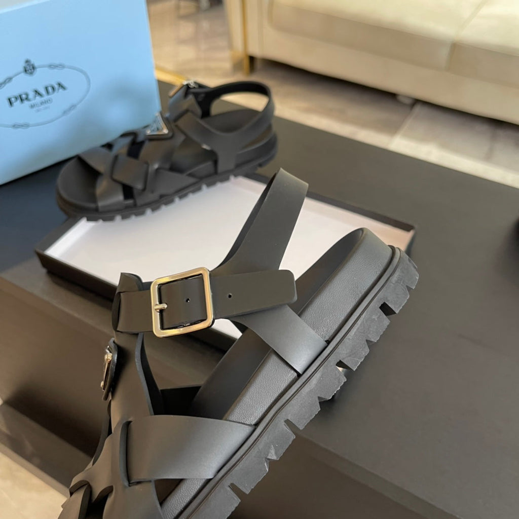 PRADA CRISSCROSS RUBBER SANLS BLACK CALFSKIN