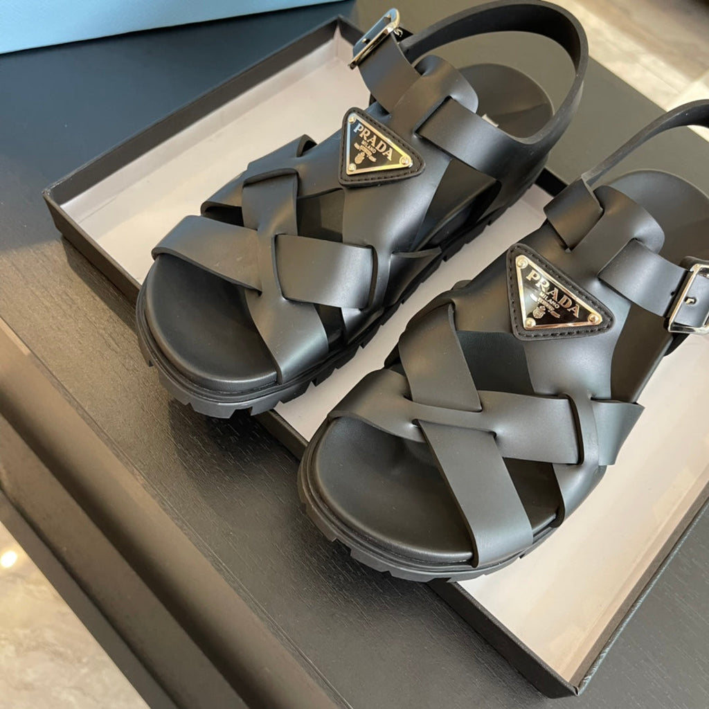 PRADA CRISSCROSS RUBBER SANLS BLACK CALFSKIN