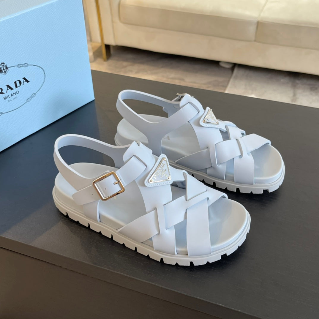 PRADA CRISSCROSS RUBBER SANLS WHITE CALFSKIN
