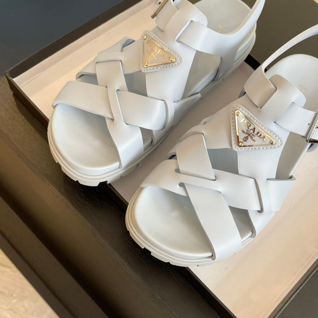 PRADA CRISSCROSS RUBBER SANLS WHITE CALFSKIN