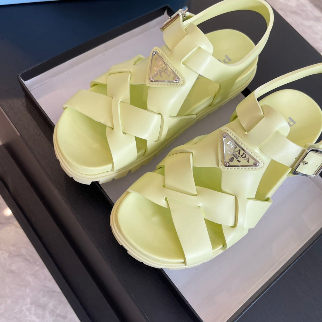 PRADA CRISSCROSS RUBBER SANLS LIME CALFSKIN