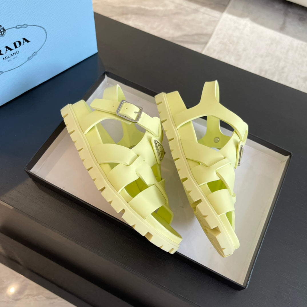 PRADA CRISSCROSS RUBBER SANLS LIME CALFSKIN
