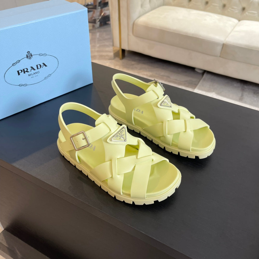 PRADA CRISSCROSS RUBBER SANLS LIME CALFSKIN