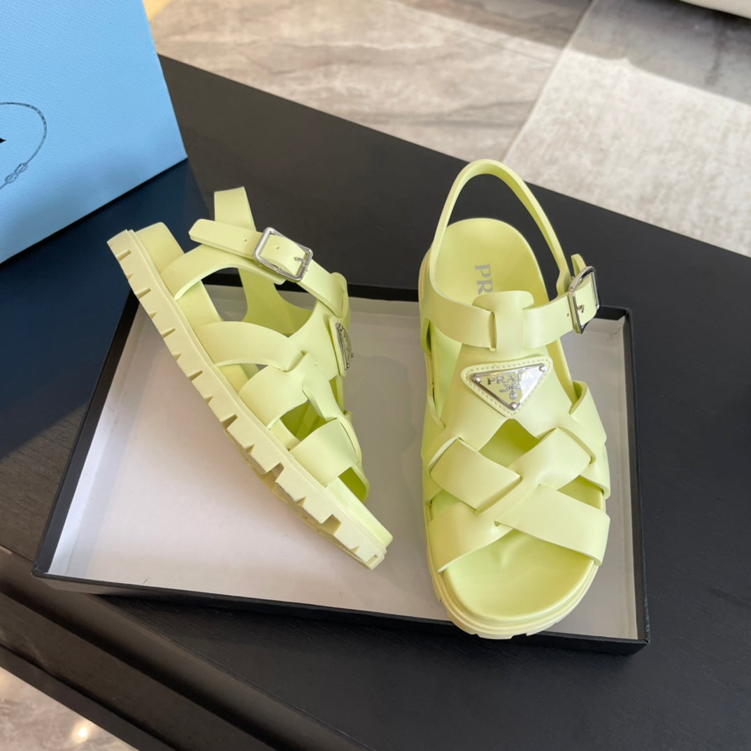PRADA CRISSCROSS RUBBER SANLS LIME CALFSKIN
