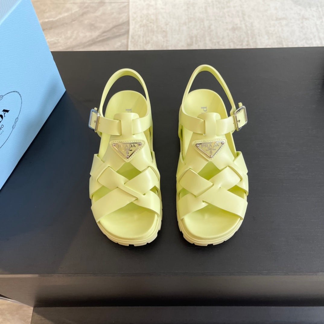 PRADA CRISSCROSS RUBBER SANLS LIME CALFSKIN