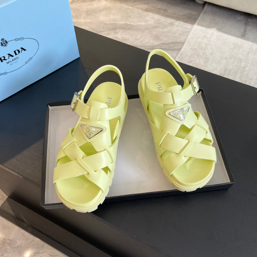 PRADA CRISSCROSS RUBBER SANLS LIME CALFSKIN
