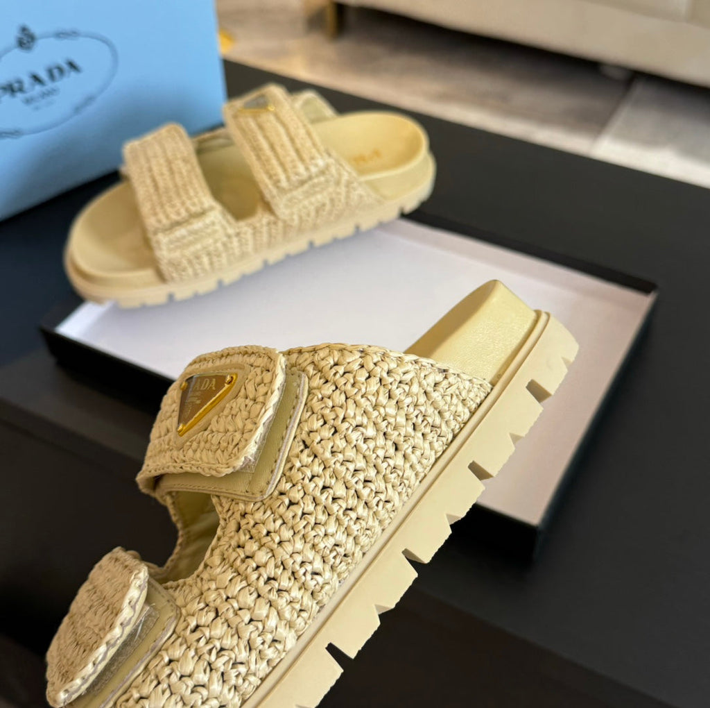 PRADA RAFFIA CORK SLIDE PASTEL YELLOW CALFSKIN