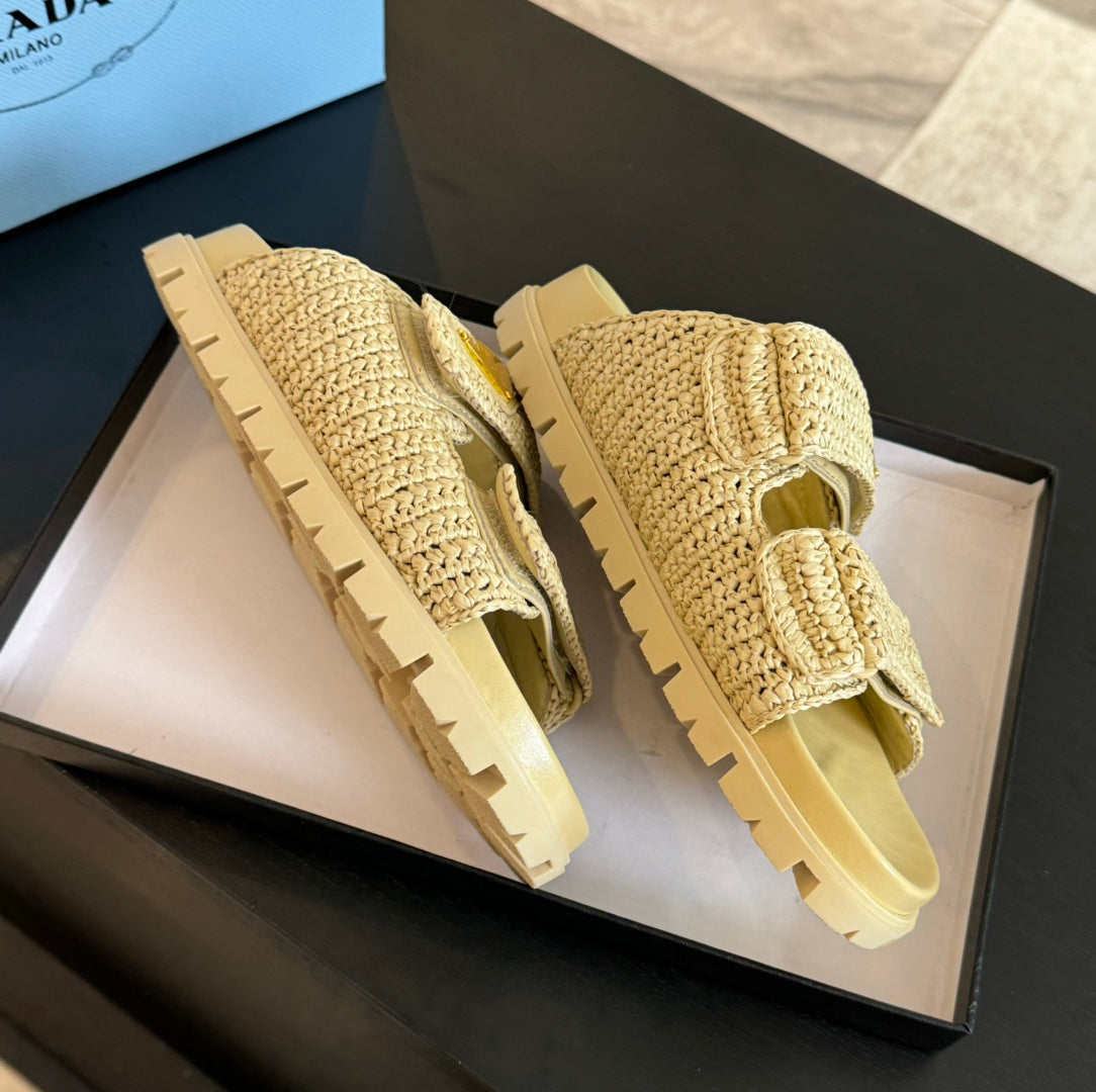 PRADA RAFFIA CORK SLIDE PASTEL YELLOW CALFSKIN