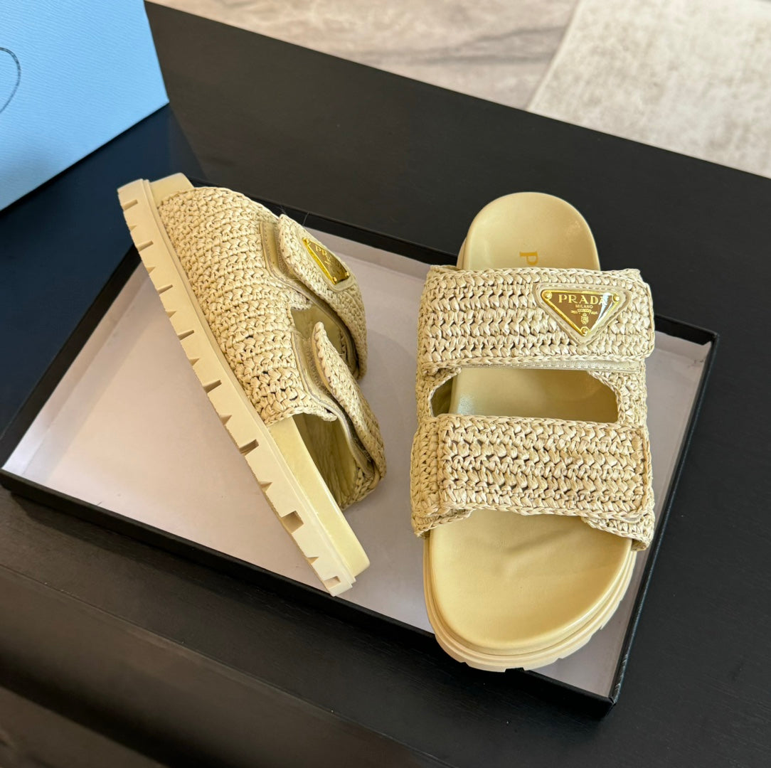 PRADA RAFFIA CORK SLIDE PASTEL YELLOW CALFSKIN