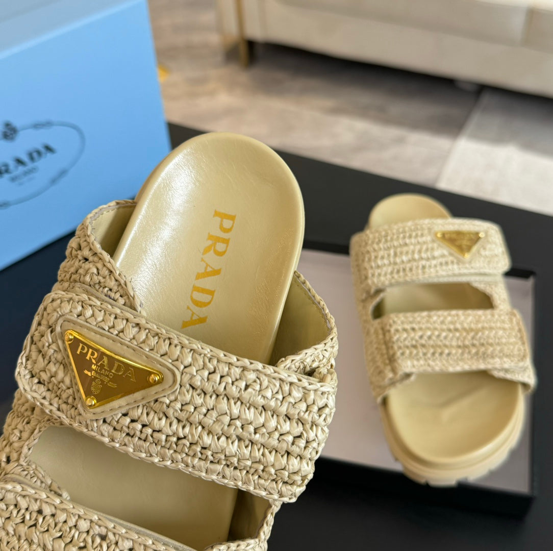 PRADA RAFFIA CORK SLIDE PASTEL YELLOW CALFSKIN