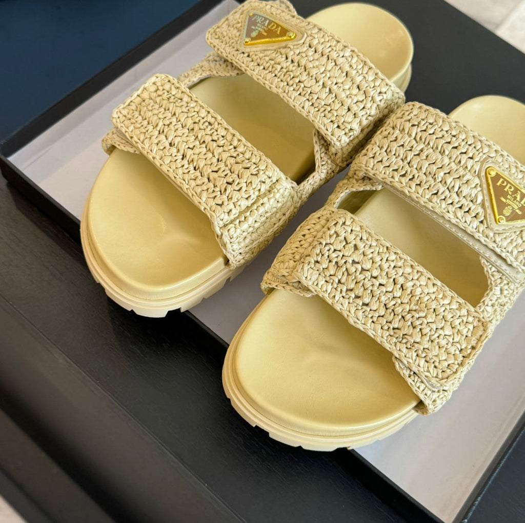 PRADA RAFFIA CORK SLIDE PASTEL YELLOW CALFSKIN