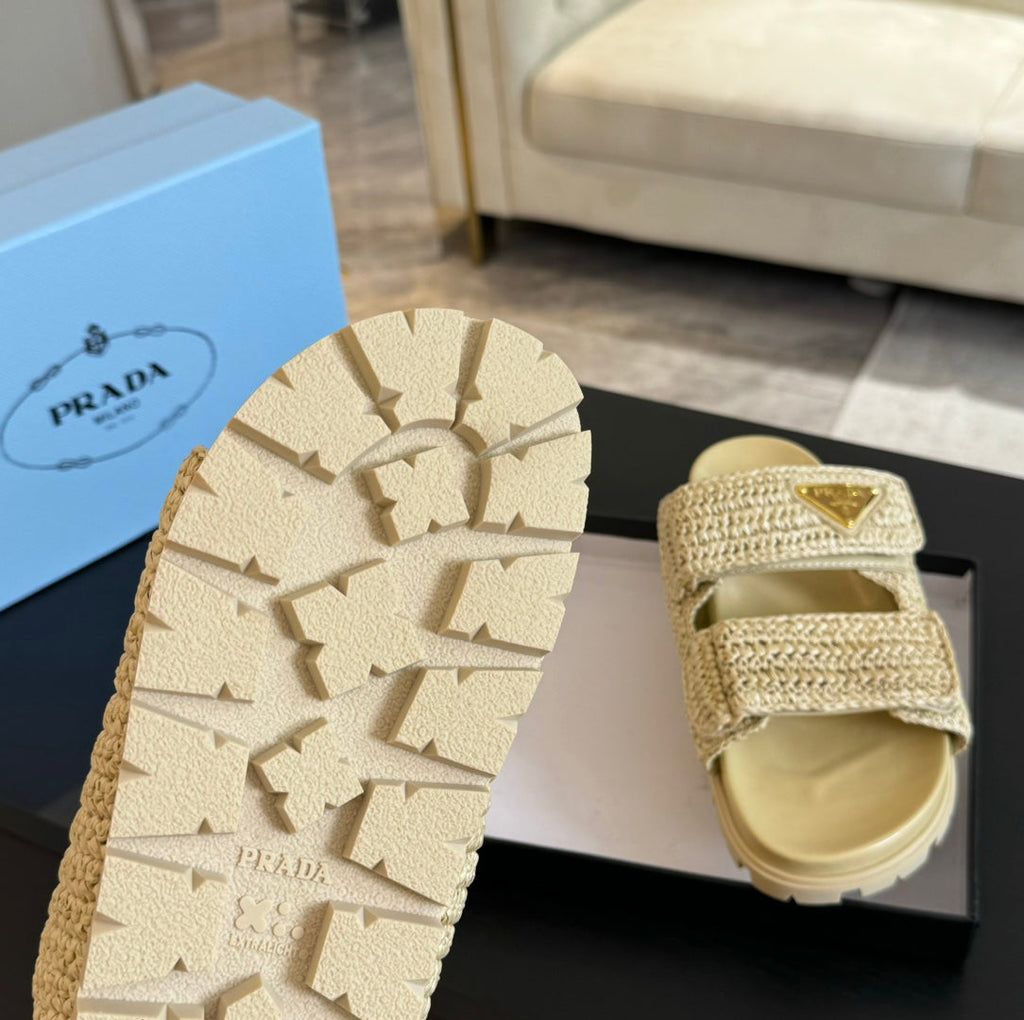 PRADA RAFFIA CORK SLIDE PASTEL YELLOW CALFSKIN
