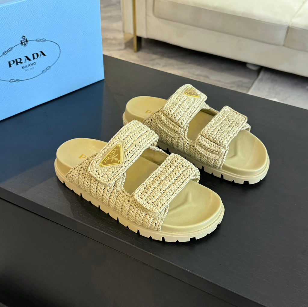 PRADA RAFFIA CORK SLIDE PASTEL YELLOW CALFSKIN