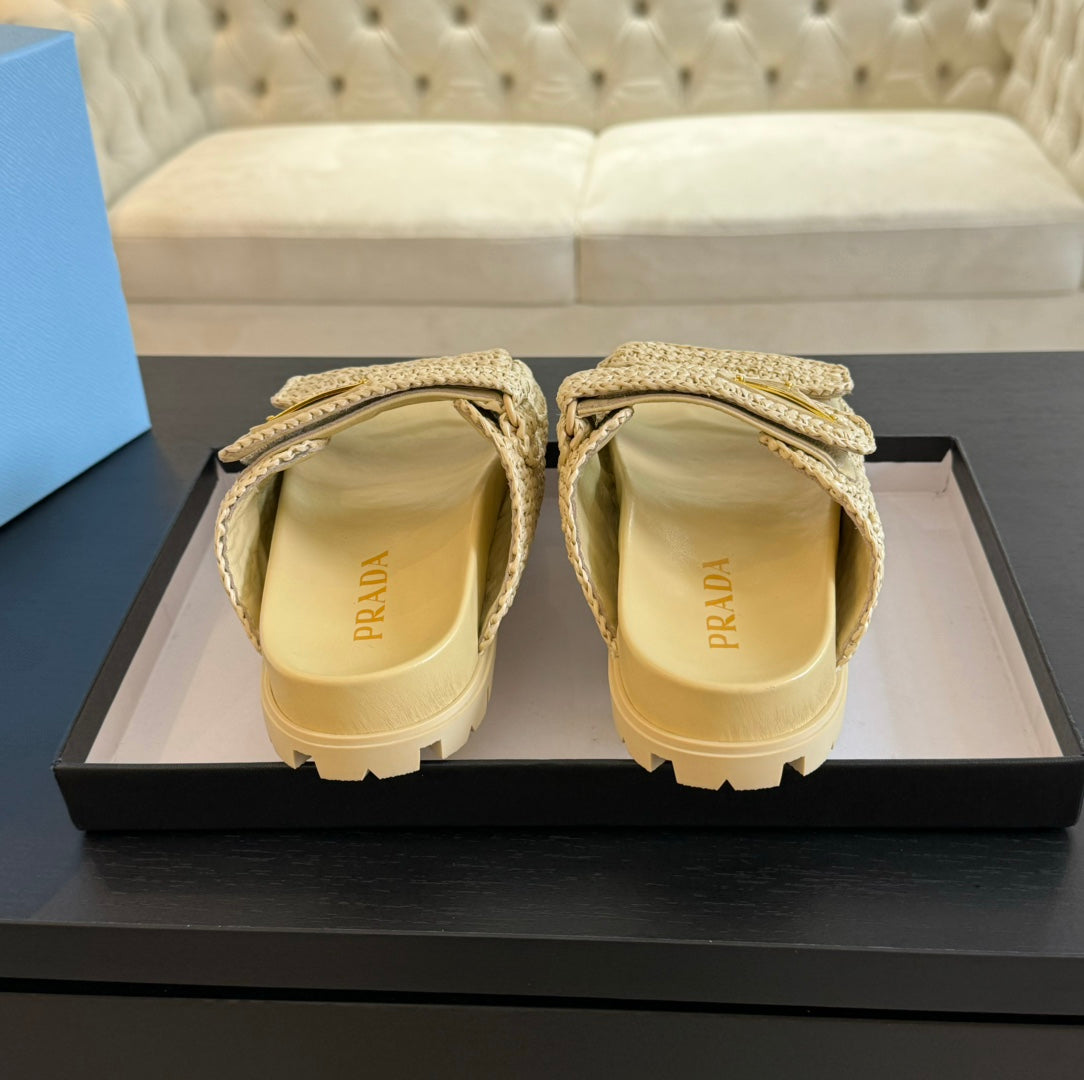 PRADA RAFFIA CORK SLIDE PASTEL YELLOW CALFSKIN