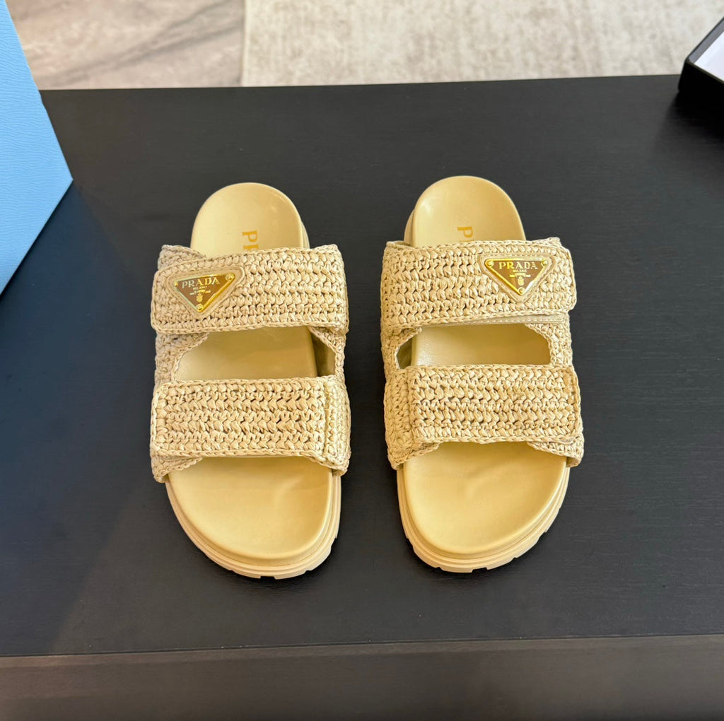 PRADA RAFFIA CORK SLIDE PASTEL YELLOW CALFSKIN