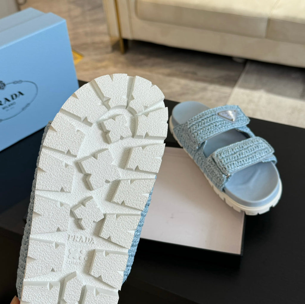 PRADA RAFFIA CORK SLIDE SKY CALFSKIN