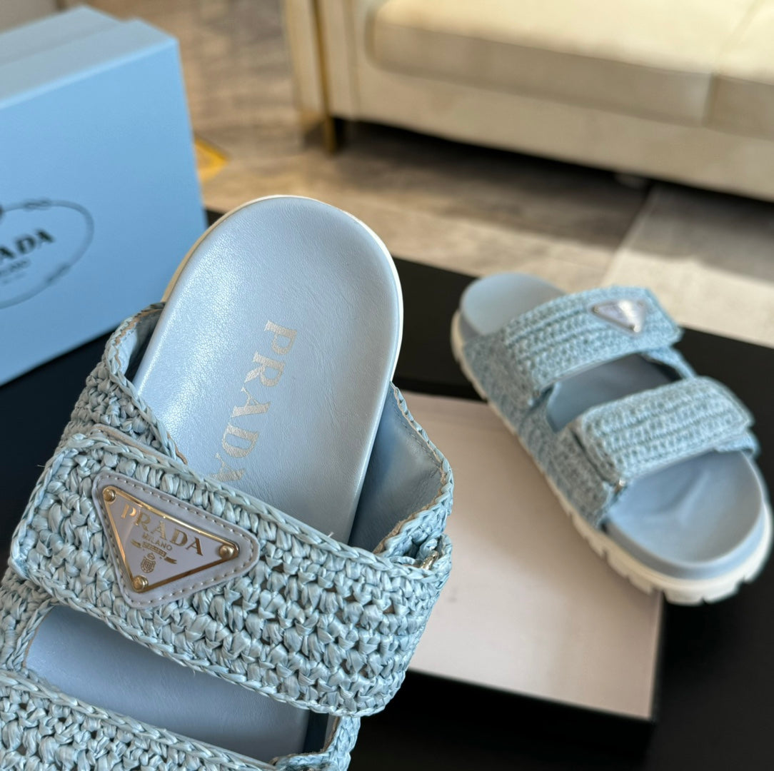 PRADA RAFFIA CORK SLIDE SKY CALFSKIN