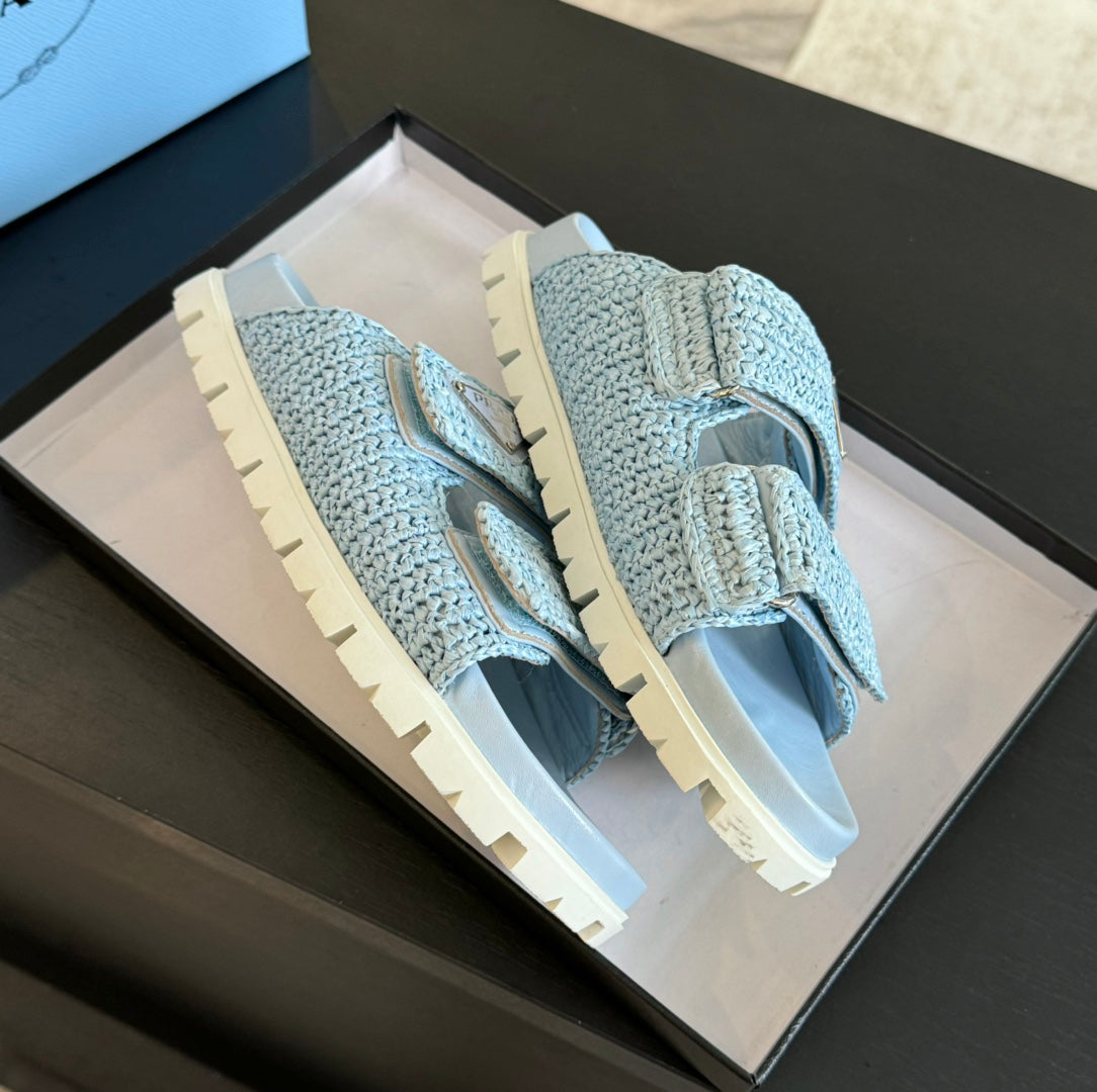 PRADA RAFFIA CORK SLIDE SKY CALFSKIN