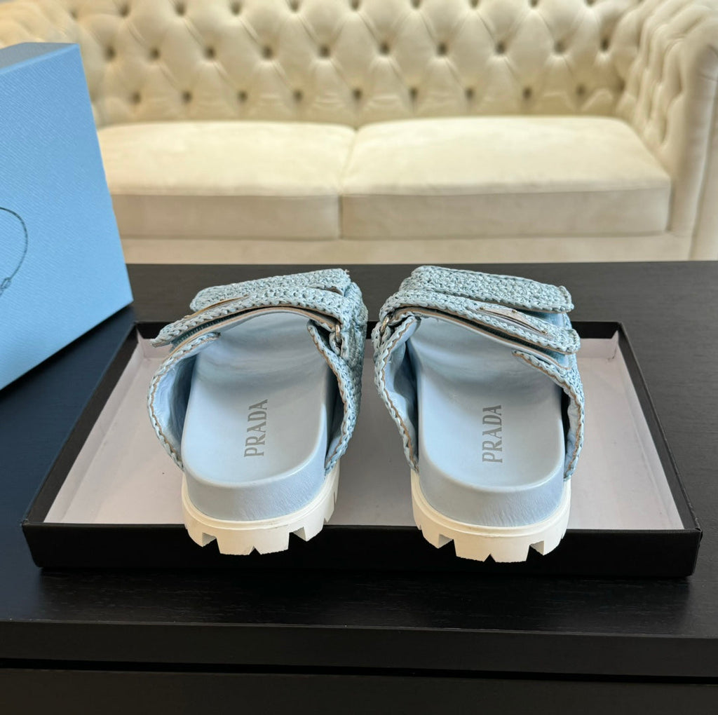 PRADA RAFFIA CORK SLIDE SKY CALFSKIN