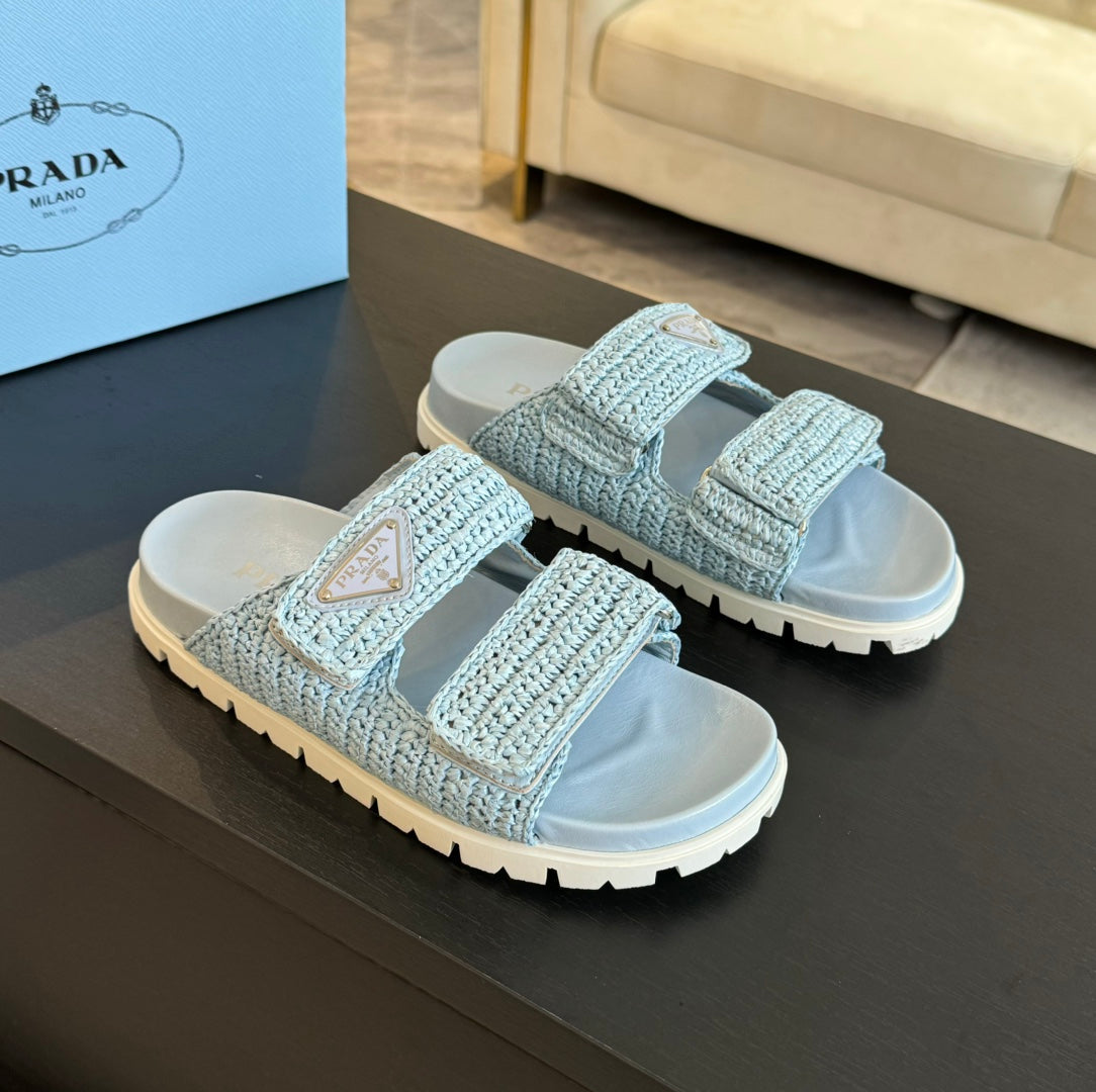 PRADA RAFFIA CORK SLIDE SKY CALFSKIN